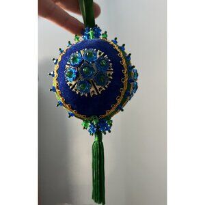 Vtg NEW Handmade Blue Green Gold Push Pin Beaded Christmas Ornament Perfect!